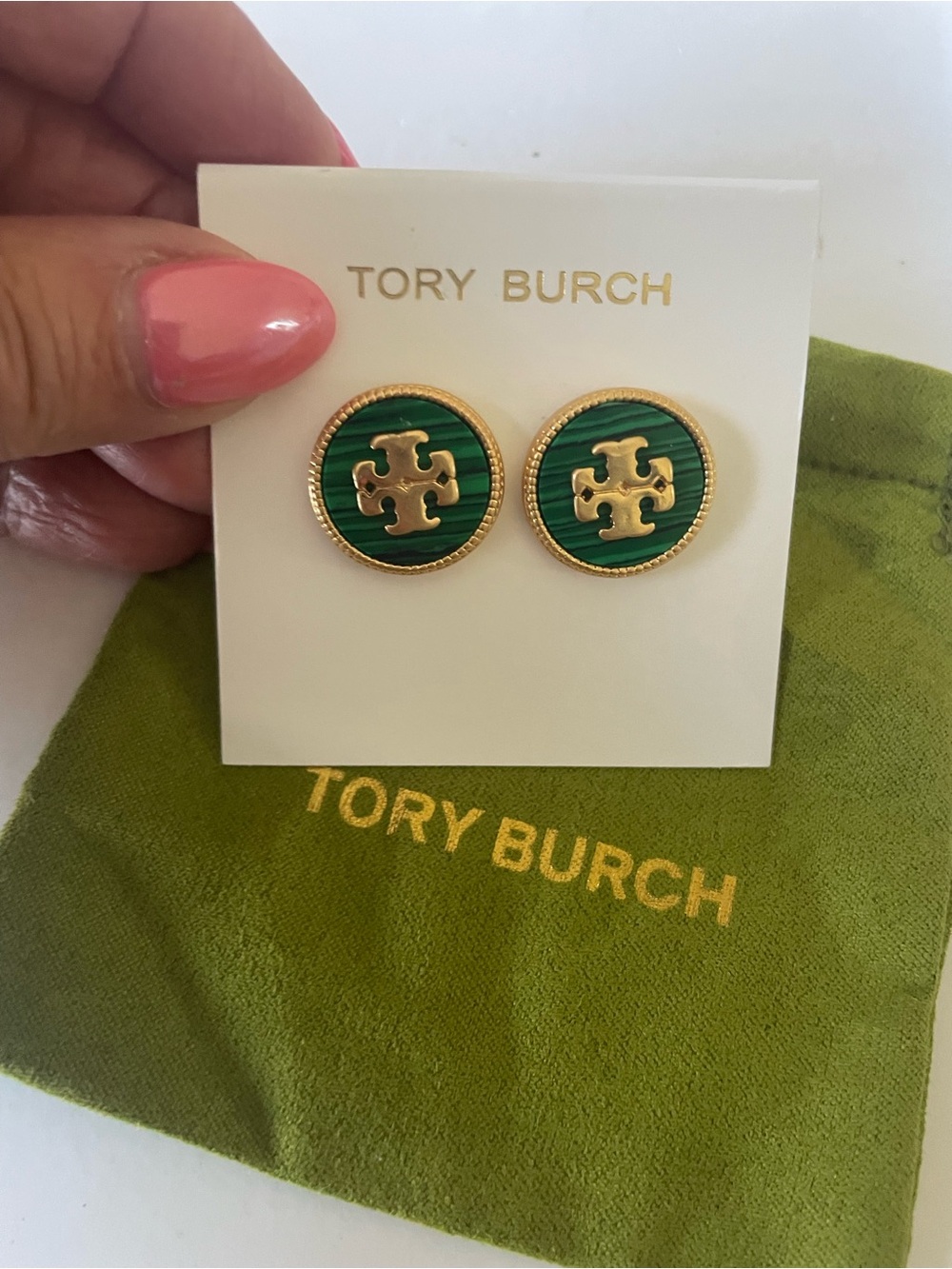 Tory Burch green and gold tone earrings